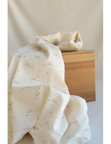 Moby - Seersucker / Coton gaufré doux écru motif marin baleine