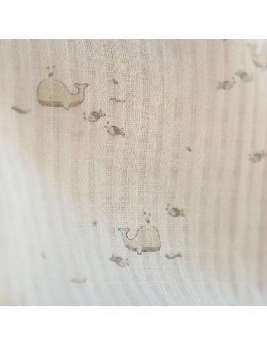 Moby - Seersucker / Coton gaufré doux écru motif marin baleine