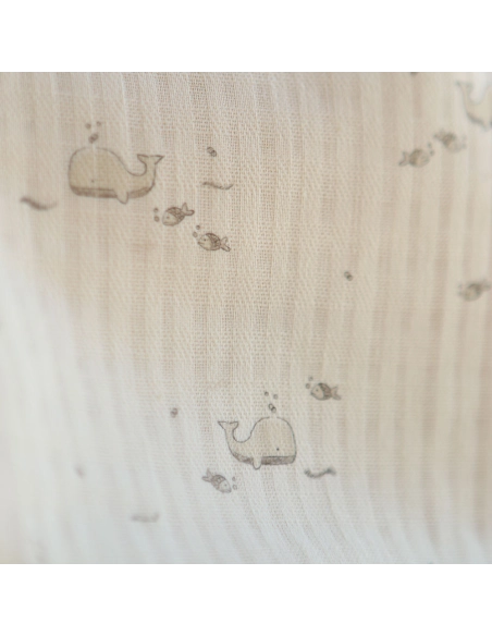 Moby - Seersucker / Coton gaufré doux écru motif marin baleine