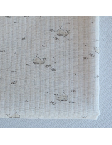 Moby - Seersucker / Coton gaufré doux écru motif marin baleine