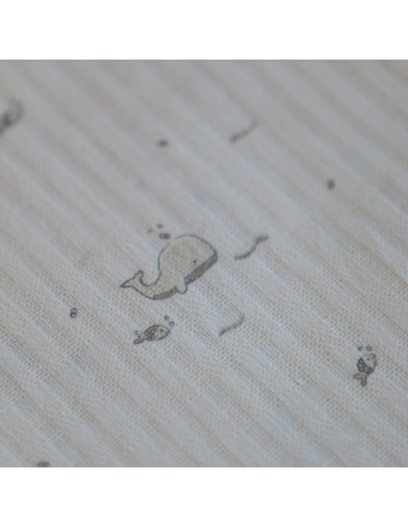 Moby - Seersucker / Coton gaufré doux écru motif marin baleine