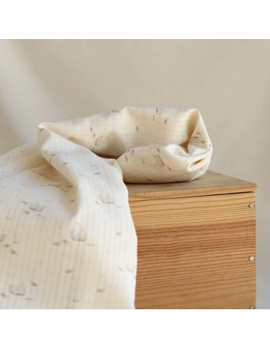 Moby - Seersucker / Coton gaufré doux écru motif marin baleine