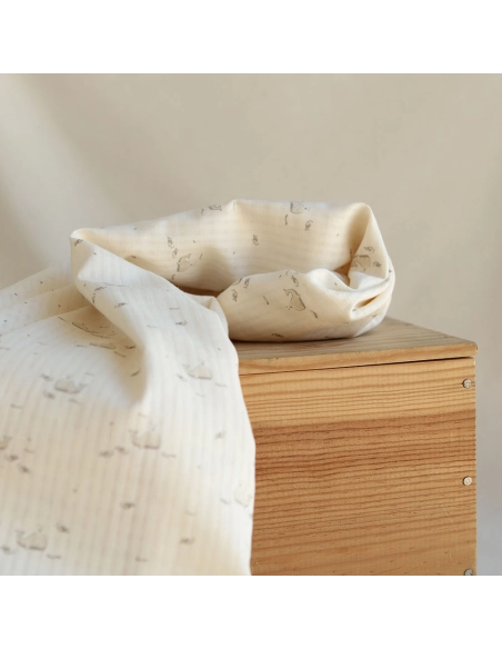 Moby - Seersucker / Coton gaufré doux écru motif marin baleine