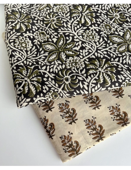 Tissu indien coton hand block traditionnel kaki / écru Batikou - 9