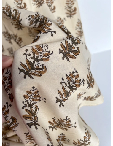 Tissu indien coton hand block traditionnel kaki / écru Batikou - 2