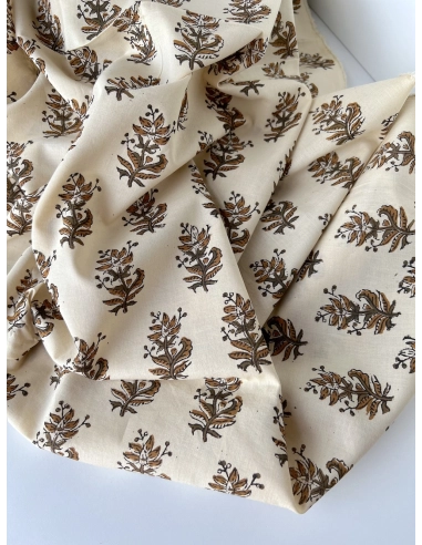 Tissu indien coton hand block traditionnel kaki / écru Batikou - 3