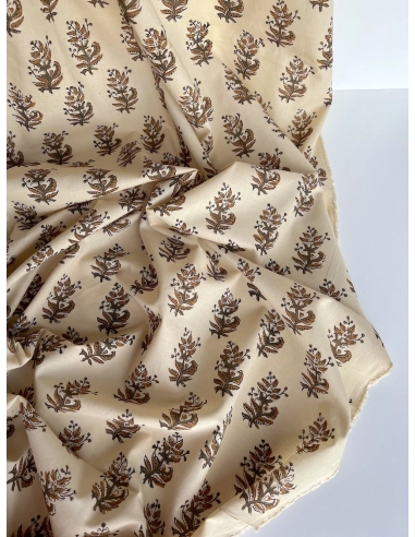 Tissu indien coton hand block traditionnel kaki / écru Batikou - 4