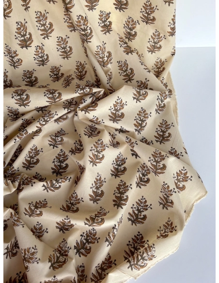 Tissu indien coton hand block traditionnel kaki / écru Batikou - 4