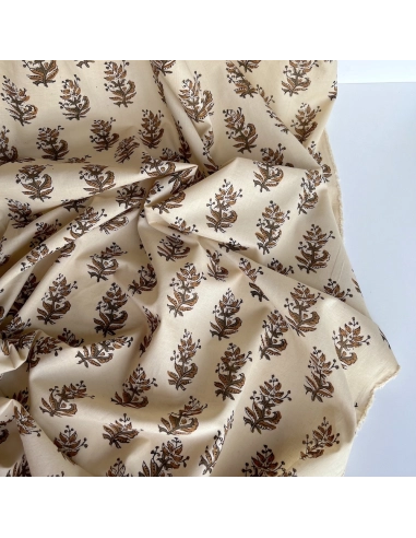 Tissu indien coton hand block traditionnel kaki / écru Batikou - 5