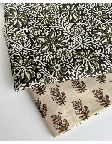 Tissu indien coton hand block traditionnel kaki / écru Batikou - 9