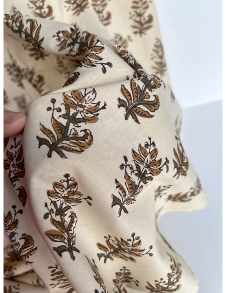 Tissu indien coton hand block traditionnel kaki / écru Batikou - 2