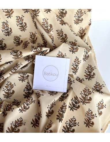 Tissu indien coton hand block traditionnel kaki / écru Batikou - 6