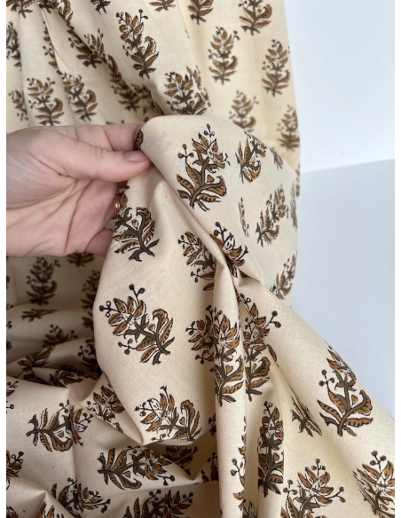 Tissu indien coton hand block traditionnel kaki / écru Batikou - 7