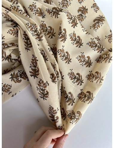 Tissu indien coton hand block traditionnel kaki / écru Batikou - 8