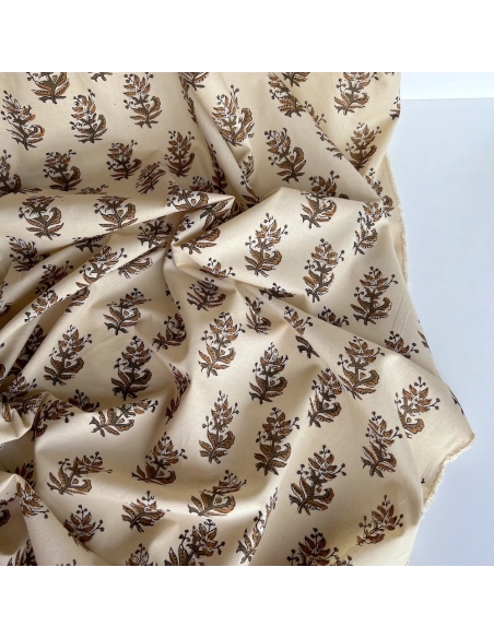 Tissu indien coton hand block traditionnel kaki / écru Batikou - 1