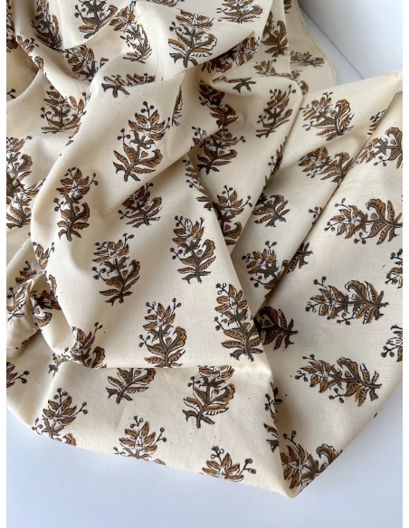 Tissu indien coton hand block traditionnel kaki / écru Batikou - 3