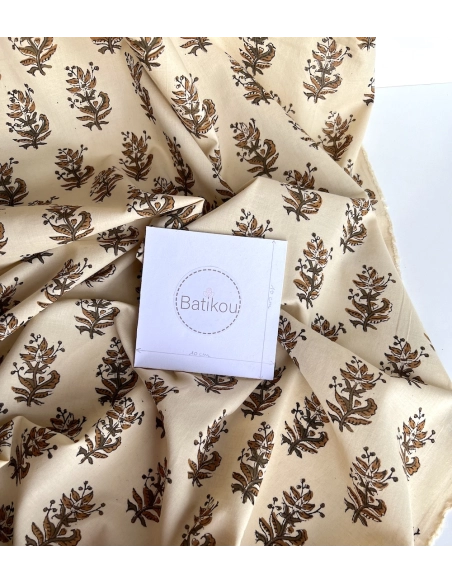 Tissu indien coton hand block traditionnel kaki / écru Batikou - 6