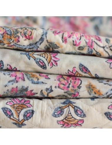 Tissu indien coton hand block traditionnel écru et touches roses