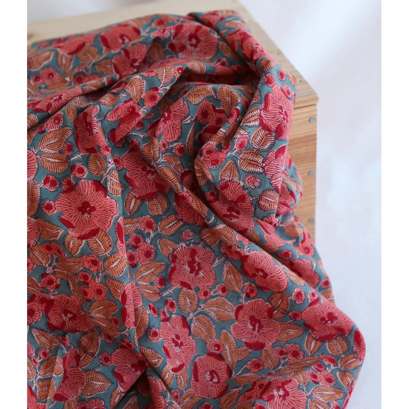 Sahar - Tissu indien coton hand block traditionnel Teal