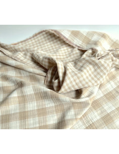 Double gaze de coton vichy réversible écru / sable Qualité Oeko-tex - 1 2