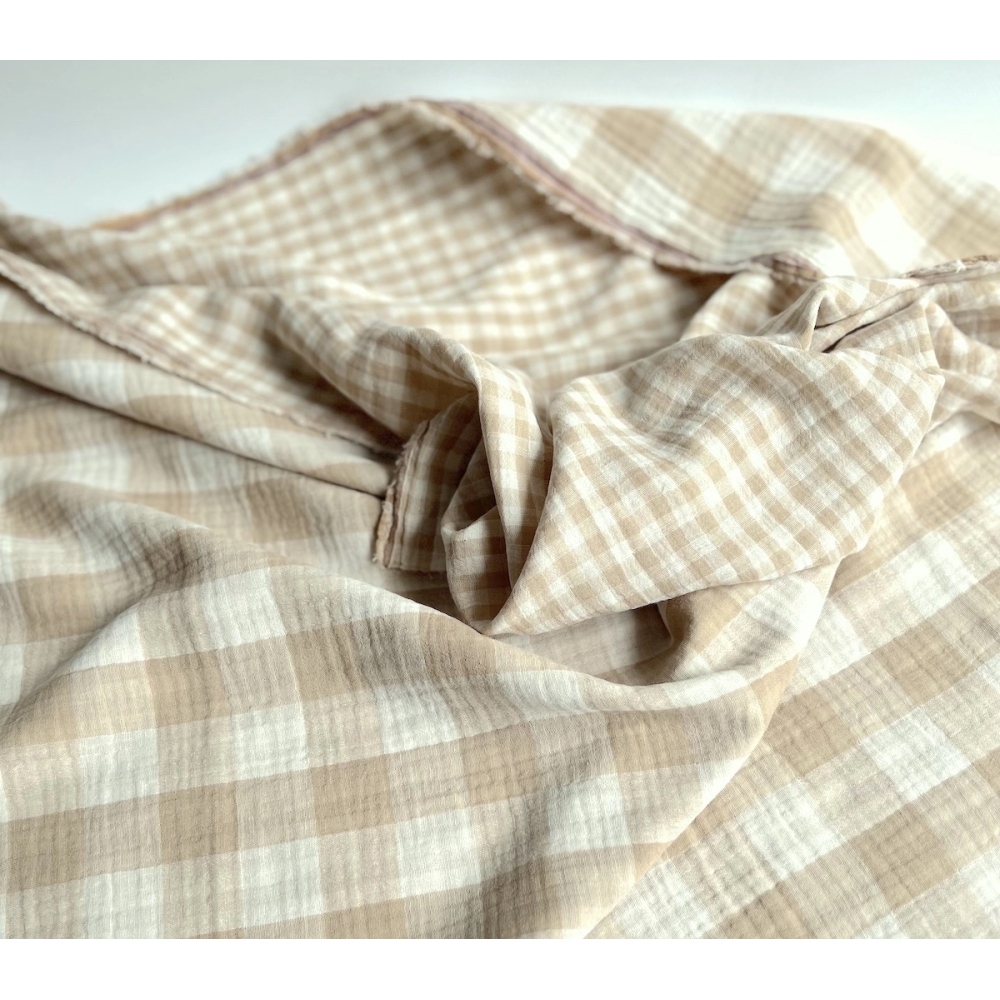 Double gaze de coton vichy réversible écru / sable Qualité Oeko-tex - 2