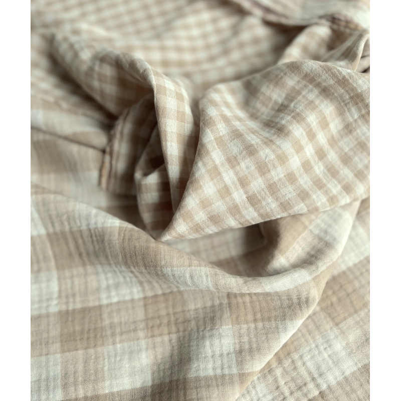 Double gaze de coton vichy réversible écru / sable Qualité Oeko-tex - 8