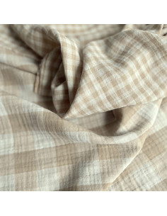Double gaze de coton vichy réversible écru / sable Qualité Oeko-tex - 1