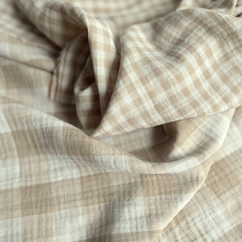 Double gaze de coton vichy réversible écru / sable Qualité Oeko-tex - 1