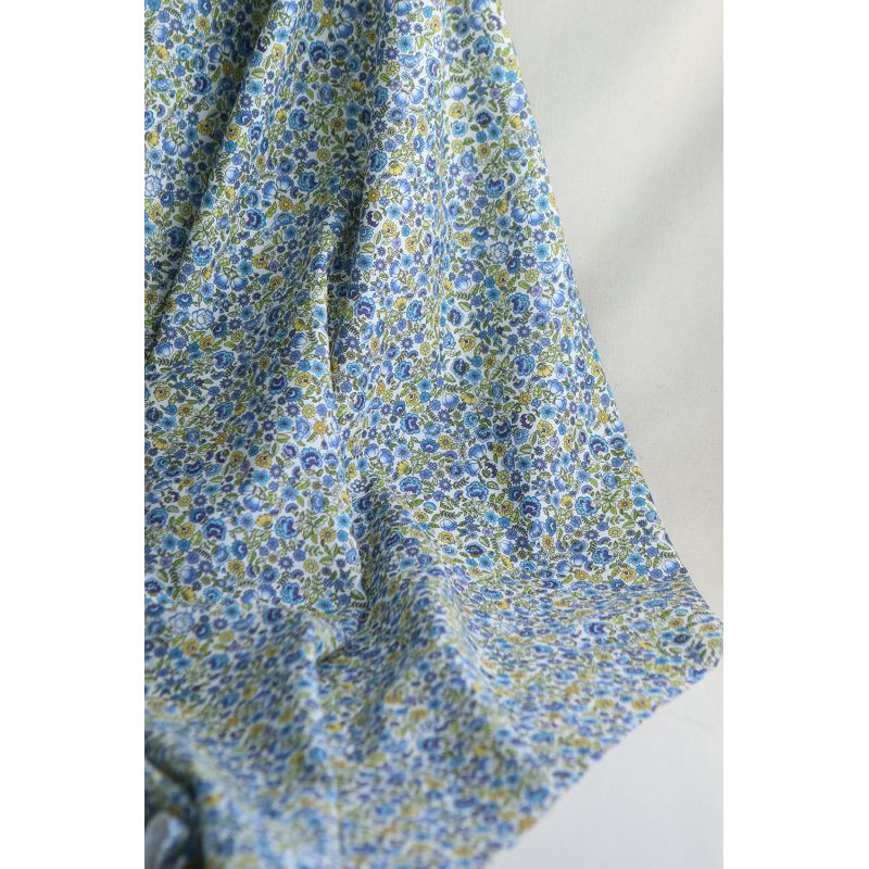 Popeline coton BIO imprimé fleuri vert, jaune et bleu