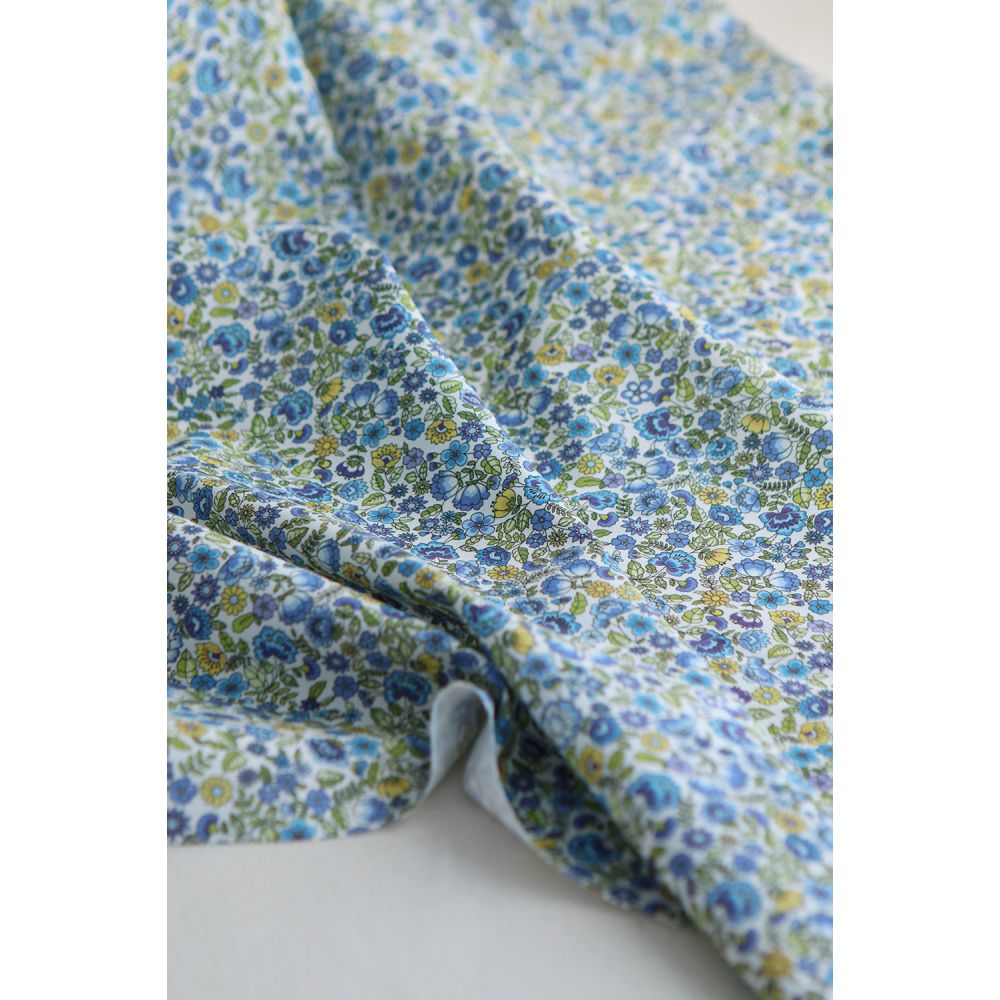 Popeline coton BIO imprimé fleuri vert, jaune et bleu