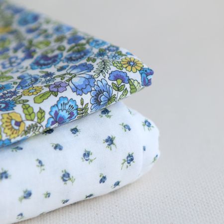 Popeline coton BIO imprimé fleuri vert, jaune et bleu