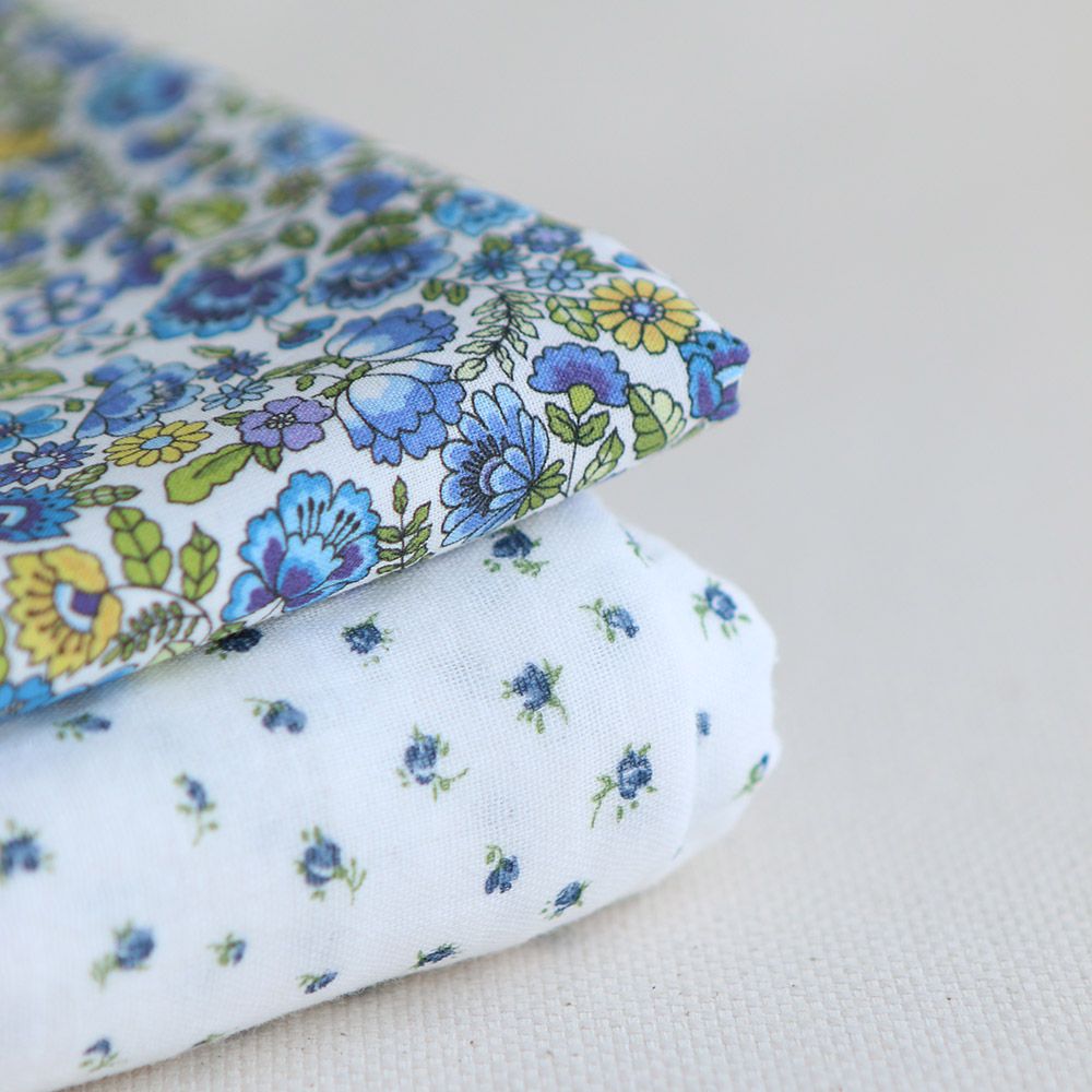 Popeline coton BIO imprimé fleuri vert, jaune et bleu