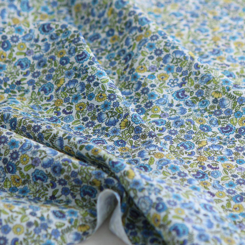 Popeline coton BIO imprimé fleuri vert, jaune et bleu