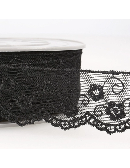 Galon dentelle tulle brodé 35mm x 1m noir