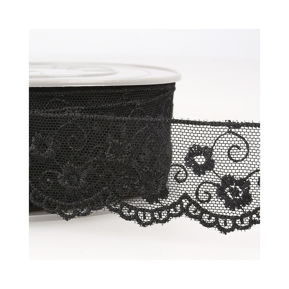 Galon dentelle tulle brodé 35mm x 1m noir