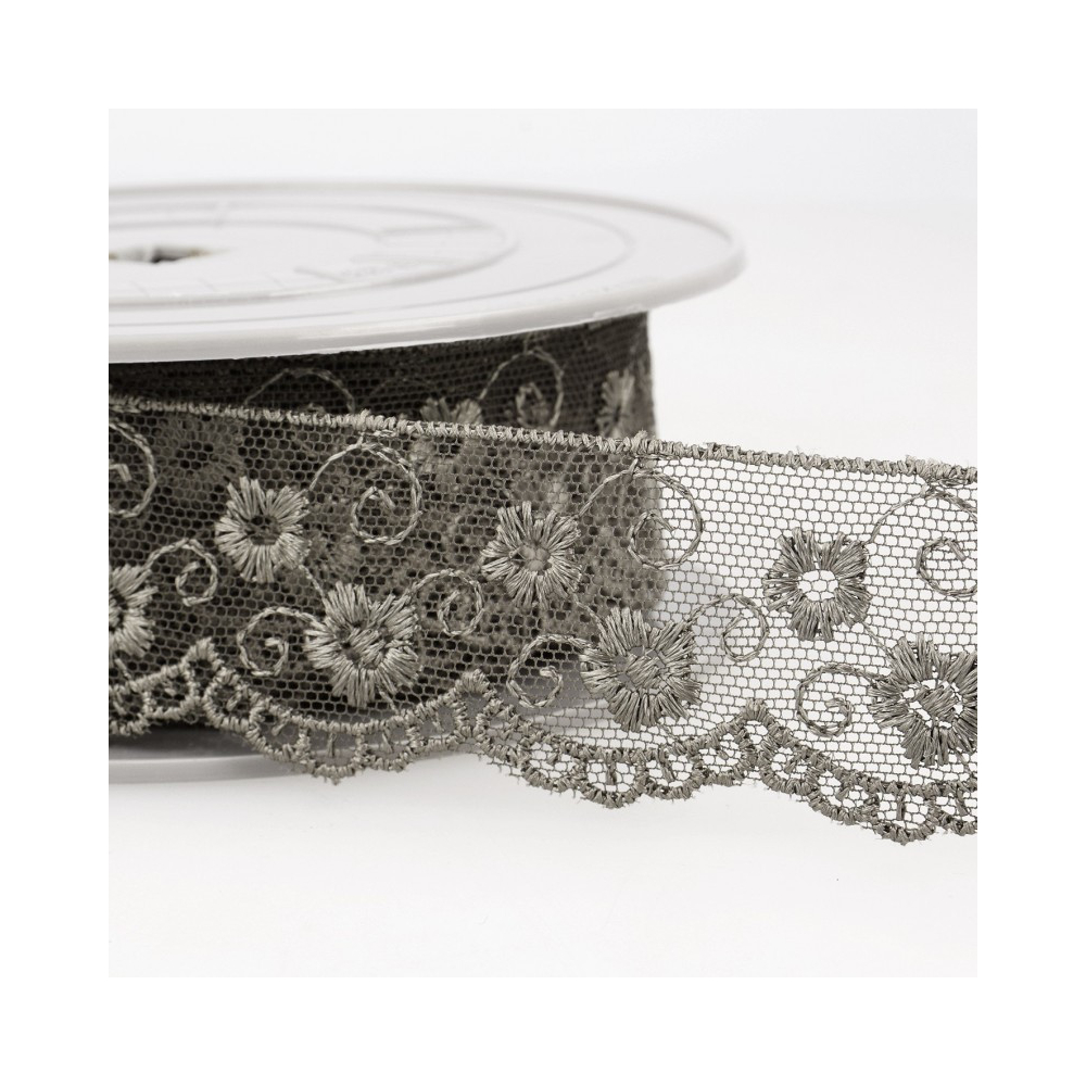 Galon dentelle tulle brodé 35mm x 1m gris plomb