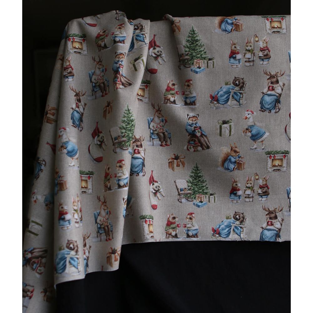 Toile de coton canvas motif animaux de noël fond beige