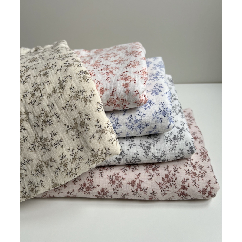 Meriem - Double gaze de coton BIO exclusif blanc à motifs fleuris gris Tissus issus de l'agriculture biologique  - 10