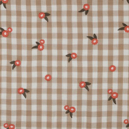 Elvina - Double gaze de coton brodée vichy beige broderie fleur