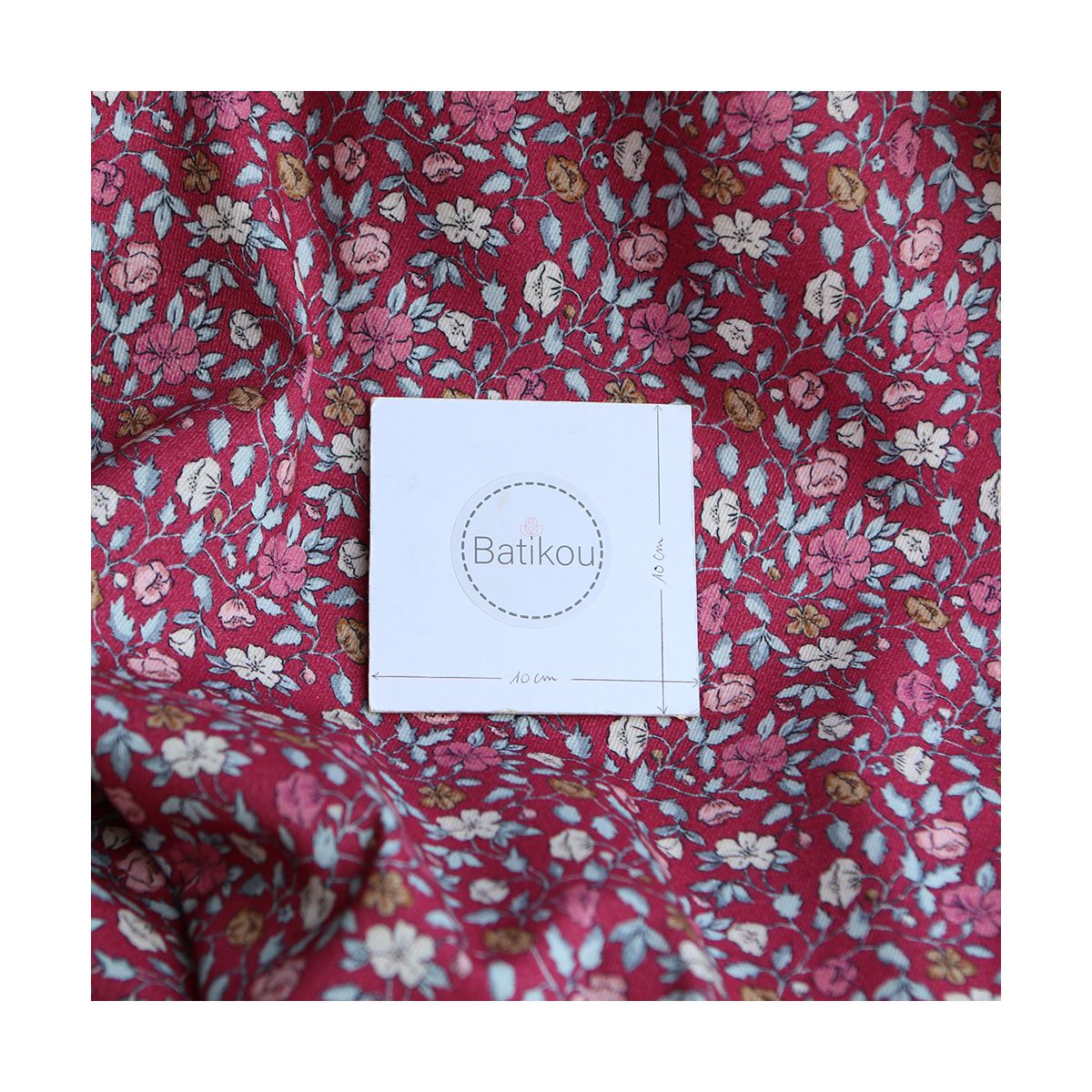 Amelia - Velours milleraies coton organique imprimé fleuri framboise