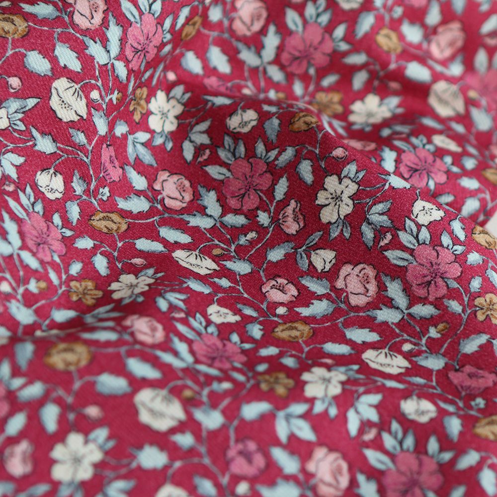 Amelia - Velours milleraies coton organique imprimé fleuri framboise