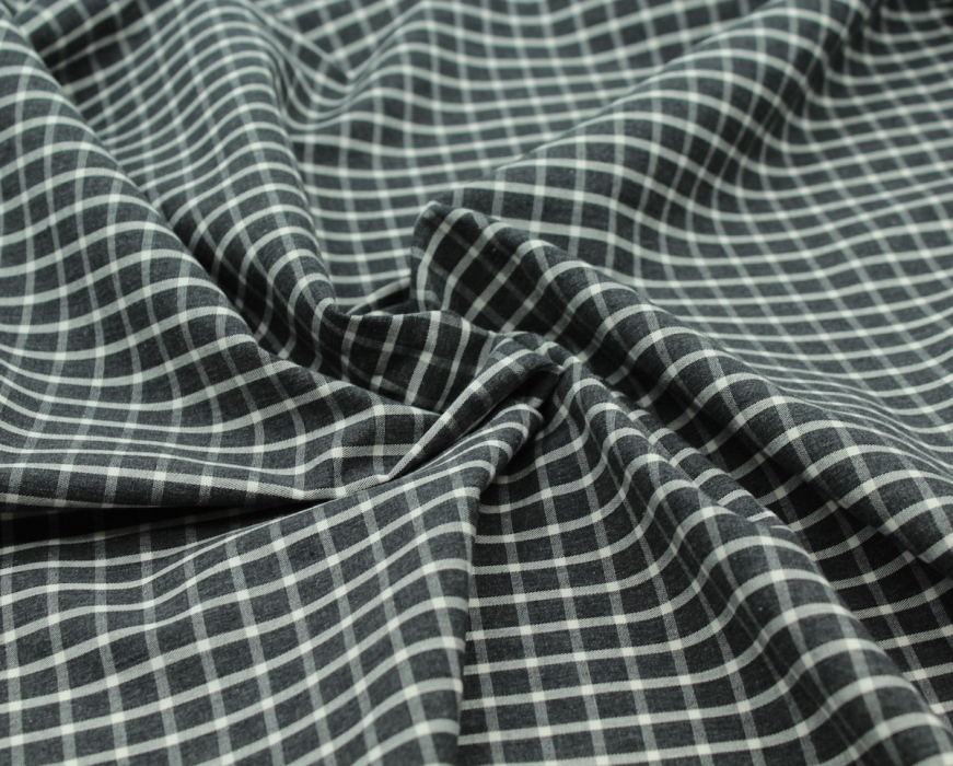 Popeline de coton tissé carreaux écru chiné anthracite