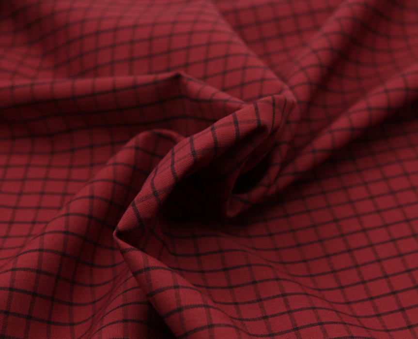 Popeline de coton tissé carreaux bordeaux chiné