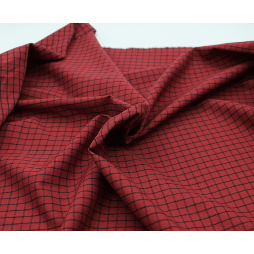 Popeline de coton tissé carreaux bordeaux chiné