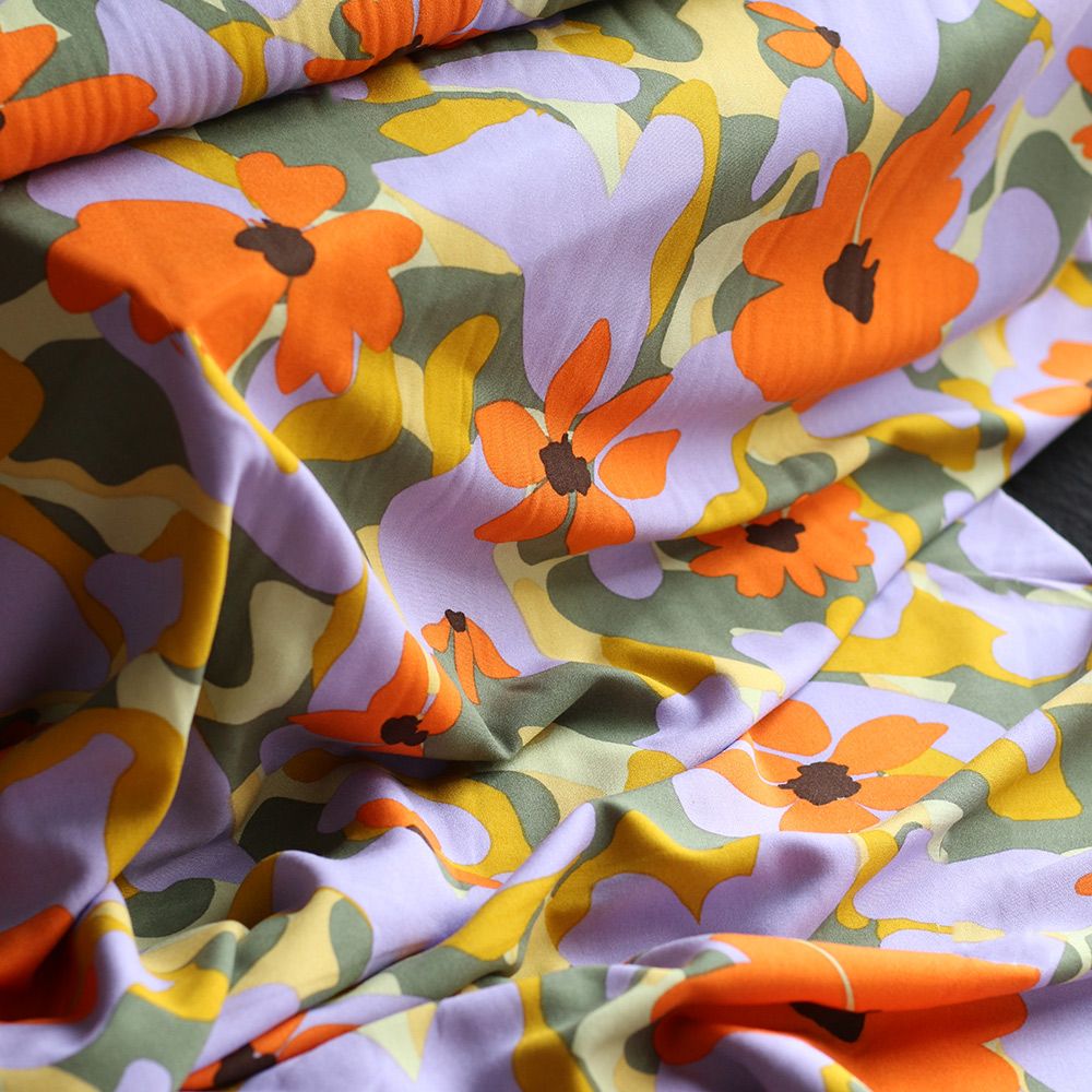 Aimée - Viscose imprimé fleuri vert et orange