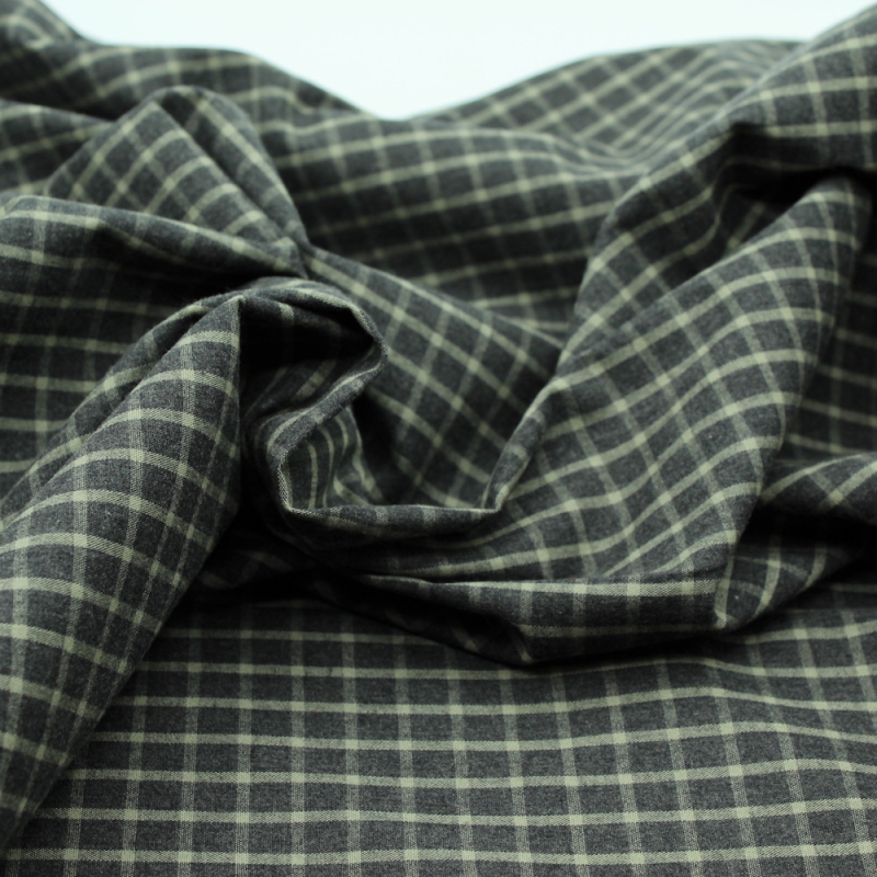 Popeline de coton tissé carreaux kaki chiné