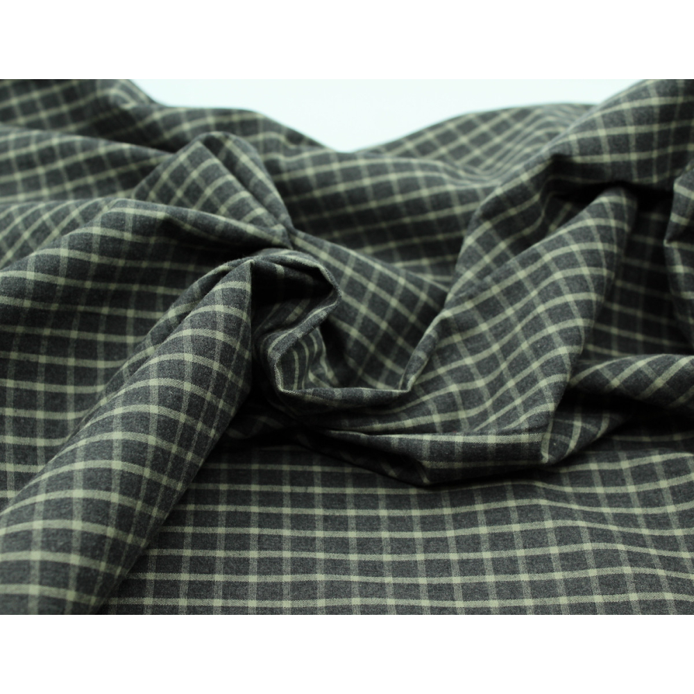 Popeline de coton tissé carreaux kaki chiné