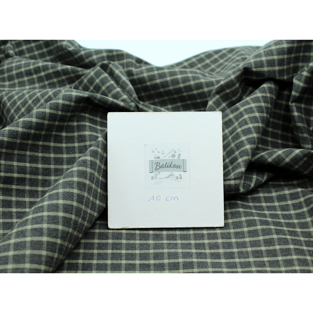 Popeline de coton tissé carreaux kaki chiné