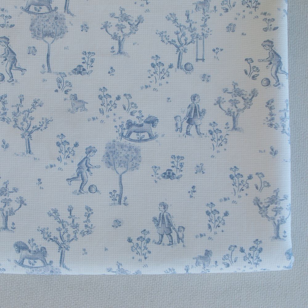 Maria - Tissu coton texturé version toile de jouy bleu