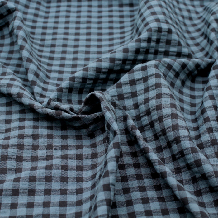 Seersucker / Coton gaufré vichy bleu jean noir